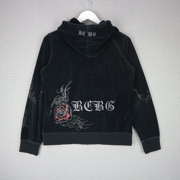 BCBGMAXAZRIA Velour Rhinestone Embroidered Rose Y2K Grunge Hoodie Large Velvet - Picture 2 of 7